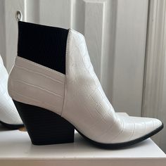 Worn Maybe Once Or Twice, In Excellent Like Brand New Condition. Heel: 3” White Synthetic High Heel Boots, White Synthetic High Heeled Boots, Trendy White High Heel Boots, White Synthetic Ankle-high Boots, Trendy White Ankle Heeled Boots, Casual White High Heel Boots, Casual White High Heeled Boots, White Pointed Toe Heeled Boots With Medium Width, Trendy White Heels With Reinforced Heel