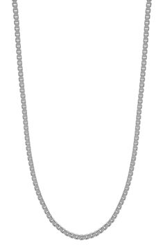 Bring just-right polish to your daily looks with this dimensional box-chain necklace handcrafted from Italian 14-karat white gold. 14k gold Made in Italy White Gold Tennis Necklace With Box Chain As Gift, Classic White Gold Tennis Necklace With Box Chain, White Gold Tennis Necklace With Box Chain, Silver Tennis Necklace Gift, Silver Round Tennis Necklace With Box Chain, Silver Tennis Necklace With Box Chain, Classic Silver Tennis Necklace With Box Chain, White Gold Rectangular Box Chain Necklace, Silver Tennis Necklace With Box Chain For Formal Occasions