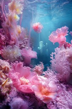 an underwater scene with pink and yellow corals