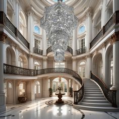 a large chandelier hangs from the ceiling in a grand foyer