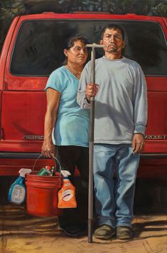 a painting of two people standing next to a red truck