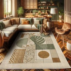 a living room filled with lots of furniture next to a large rug on top of a hard wood floor