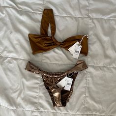 Never Worn Or Tried On. Size 4 Top And Bottoms. Chic Brown Party Swimwear, Brown Party Swimwear For Beach Season, Brown Copper, Reversible Bikinis, Cheeky Bikinis, Good American, Size 4, Copper, Color