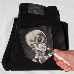 Vincent Van Gogh Skeleton, Van Gogh Skeleton, Skull Jeans, Paint Jeans, Denim Diy Clothes, Diy Pants