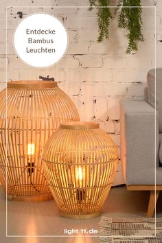 two wicker lamps sitting next to each other