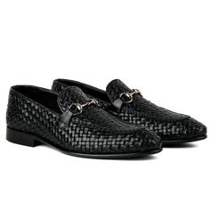 Handmade Black Buckle Loafers Slip on Shoes for Men Luxury Woven Leather Slip-on Loafers, Black Woven Leather Slip-on Loafers, Black Woven Leather Loafers With Round Toe, Formal Black Loafers With Woven Sole, Luxury Loafers With Woven Sole And Round Toe, Business Leather Loafers With Woven Detail, Elegant Loafers With Woven Sole And Round Toe, Luxury Slip-on Loafers With Woven Sole, Elegant Woven Leather Loafers