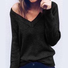 Solid 3/4 Sleeve V Neck Sweater Black Medium Cozy Womens Sweaters, Plain Sweaters, Slim Sweater, Plus Size Sweaters, Women Sleeve, Sweater Women, Fashion 2018, Casual Sweaters, Knit Fashion