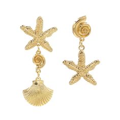 PRICES MAY VARY. Excellent quality - Starfish seashell stud earrings are made of highly polished alloy through metal plating process, so they have a fine lustre. They are hypoallergenic and comfortable to wear. The well-designed curved edges also bring a delicate touch to the starfish shell dangle earrings. Size - 59× 25mm, a pair of studs with starfish seashell conch design for each pack is about 18g. Classic and comfortable to wear - Sea shell conch drop earrings can fit well with your fashion Seashell Fashion, Stylist Closet, Aesthetic Earrings, Funny Earrings, Seashell Earrings, Conch Earring, Beach Earrings, Mermaid Earrings, Starfish Earrings