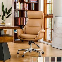 an office chair sitting in front of a book shelf