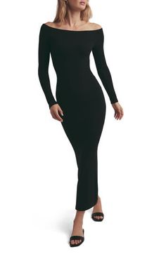 Simple meets sultry in this curve-skimming dress designed to show off your shoulders. 56" length Slips on over head Off-the-shoulder neck Long sleeves 96% rayon, 4% elastane Hand wash, dry flat Imported Sleek Off-shoulder Bodycon Dress, Sleek Black Off-shoulder Bodycon Dress, Sleek Off-shoulder Fitted Midi Dress, Sleek Fitted Off-shoulder Midi Dress, Off The Shoulder Long Sleeve, Favorite Daughter, Sleeve Maxi Dress, Long Sleeve Maxi, Nordstrom Dresses