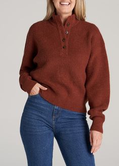 Model is 6' wearing size S Tall - We designed this women’s tall sweater for ladies between 5’9” and 6’6”, with extra-long sleeves that will keep your arms warm. It has a ribbed mock neck collar with a four-button placket that’s not quite a turtleneck but still provides plenty of coziness. Size S Tall: Body length: 23", Sleeve length: 34.5" Fall Polo Sweater With Ribbed Cuffs And Funnel Neck, Casual Fall Polo Sweater With Buttons, Fall Knit Polo Sweater With Buttons, Casual Polo Sweater With Buttons For Fall, Knit Button Polo Sweater For Fall, Knit Polo Sweater With Buttons For Fall, Cozy Turtleneck Polo Sweater For Fall, Winter Turtleneck Sweater With Buttons, Funnel Neck Polo Sweater For Fall