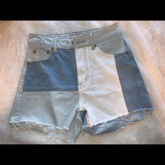 Denim Shorts With Mixed And Matched Patching High Rise Patchwork Jeans For Summer, White High-waisted Denim Jean Shorts, White High Waist Denim Shorts, White Short Denim Jeans, High Rise Patchwork Bottoms For Summer, Trendy White Denim Shorts, White Denim Jean Shorts For Summer, Casual Patchwork Jean Shorts, White Short Length Denim Jeans