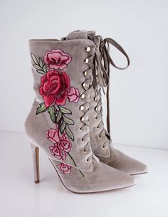 Our SISITINE booties have flowers embroidered onto its velvet outer shell and gold metal accents. Heel height: 4.2" Historical Dresses Victorian, Vegan Heels, Pleated Long Skirt, Shoe Shine, Stunning Shoes, Fancy Shoes, High Heel Boots Ankle, Unique Shoes, Metal Accents