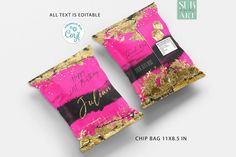 two pink and gold bags with black writing on the front, one is filled with gold glitter