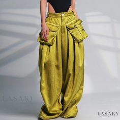 Lasaky - High-Waisted Wide-Leg Trousers with Flattering Fit and Convenient Pockets Green High Waist Parachute Pants With Belt Loops, Elegant Summer Harem Pants With Pockets, Trendy Fitted Harem Pants With Pockets, Chic Fitted Harem Pants With Pockets, Full Length Party Bottoms With Pockets, Full-length Party Bottoms With Pockets, Party Wide Leg Trousers With Pockets, Spring Party Wide Leg Pants With Pockets, Spring Party Bottoms With Pockets