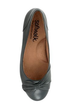 A pretty, pleated bow is seamlessly integrated into the pebbled-leather upper of a polished ballet flat set on a textured rubber sole. Removable, cushioned insole with arch support Leather upper/textile lining/rubber sole Imported Cushioned Synthetic Ballet Flats For Work, Cushioned Workwear Ballet Flats In Synthetic, Workwear Ballet Flats With Cushioned Footbed, Womens Ballet Flats, Ballet Flat, Arch Support, Pebbled Leather, Ballet Flats, Sofia