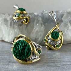 Teardrop earrings Unusual dangle, Green crystal Raw malachite earrings green zircon Sterling silver 925 and 24 K gold plated earrings 【FULL DETAILS】 ► Gemstone: raw malachite Malachite stone`s diameter: 15.5 mm ► RING SIZE: all sizes are available (choose from the option) WEIGHT: 15.4 gr ► EARRINGS WEIGHT: 15.3 gr Malachite`s diameter: 8 mm Length: 43 mm Width: 18 mm ⦿ Attention: The color of the stones may differ due to a difference between monitors All our jewelry is crafted with great attenti Unique Yellow Gold Jewelry For May Birthstone, Elegant Green Plated Jewelry, Green Dangle Jewelry With Plating, Gold Plated Silver Jewelry With Natural Stones, Handmade Gold Plated Jewelry For May Birthstone, Elegant May Birthstone Jewelry With Natural Stones, Fine Jewelry Malachite Round Jewelry, Fine Jewelry With Round Malachite, Green Plated Drop Earrings