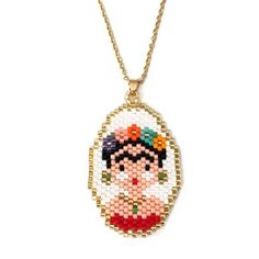 a beaded necklace with an image of a woman wearing a flower crown on it