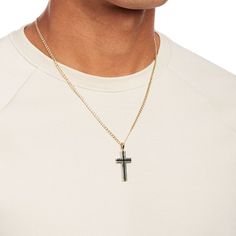 Simple and chic, this 10K gold black enamel cross pendant for men displays your faith and style. Created in warm 10K gold This refined cross showcases a sleek black enamel center. This pendant suspends along a 22.0-inch curb chain that secures with a lobster claw clasp. Mens Cross Necklace Gold, Black Polished Cross Jewelry, Classic Black Cross Jewelry, Cross Pendant For Men, Birthday Aesthetic, Enamel Cross, Mens Cross Necklace, Pendant For Men, Mens Crosses