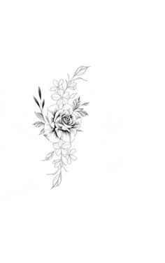 a black and white drawing of a rose with leaves on it's back side