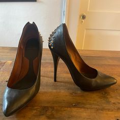 Size 39, Never Worn. Heel Is 5". Studded Pointed Toe Heels For Night Out, Studded Heels For Night Out, Chic Closed Toe Heels With Studs, Edgy Studded Evening Heels, Edgy Studded Heels For Evening, Studded Leather High Heels, Leather High Heels With Studs, Edgy Leather Heels With Sculpted Heel, Chic Studded Heels For Night Out