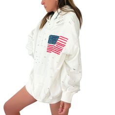 DESCRIPTION EACH PIECE IS MADE TO ORDER, HAND PAINTED BY GLORIA AND HER TEAM IN THEIR NYC STUDIO PRODUCT DESCRIPTION The perfect oversized white distressed hoodie. American flag painted on front chest, with USA painted on back in red, with blue outline. Signed @wrenandglory Due to each piece being hand painted, each piece might have slight differences. Limited edition. FIT Oversized, Super Comfy, Slouchy fit. Can be worn as a sweater or dress. One size fits most Measurements: Body Width 27", Len Painted Hoodie, Casual Comfy Outfit, Paint Sweatshirt, American Flag Painting, Distressed Hoodie, Painting Hoodie, Flag Painting, Nyc Studio, Back Painting