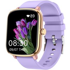 an image of a smart watch with purple flowers on the front and gold frame,