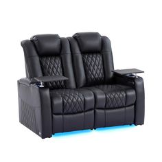 two black leather reclining chairs with blue lights on the armrests and head rest