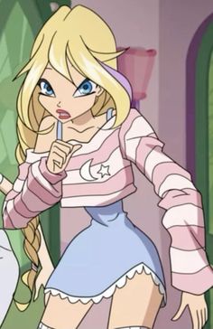 a cartoon girl with blonde hair and blue eyes holding a toothbrush in her hand