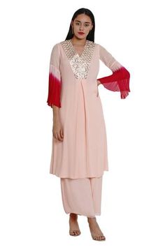 Shop for Limerick by Abirr N' Nanki Pink Georgette Embroidered Kurta Palazzo Set for Women Online at Aza Fashions Suits For Women Indian, Kurta Palazzo Set, Pink Kurta, Royal Brides, Palazzo Set, 3d Embroidery, Pants Fit, Indian Fashion Designers, Kurta With Pants