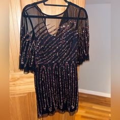 Size 6, Black And Sequin Adrianna Papell Dress, New And Never Worn Before. Perfect For Weddings And Other Formal Events. Purple Short Sleeve Evening Dress For Party, Black Short Sleeve Mini Dress For Wedding, Black Sequined Mini Dress For Wedding, Wedding Color Black, Mesh Gown, Drape Gowns, Long Gown Dress, Semi Formal Dresses, Evening Dress Fashion