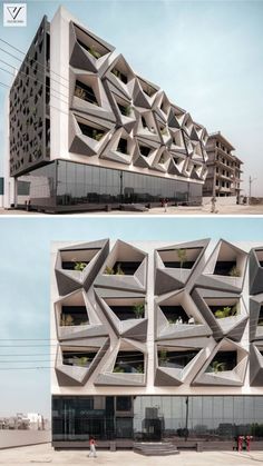 two pictures of the same building with different angles and shapes on it, one is made out of concrete