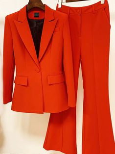 Blazer + Pants Matching Set Color: Red Material: Polyester, Cotton Delicate dry clean Protect accessory before washing Cool iron Sample size: S Our Style No. ZC_202102778 Wide Leg Pant Suit, Single Button Blazer, Blazer Designs, Pants Suit, Red Blazer, Bell Bottom Pants, Formal Suits, Suit Pants, Suit Set