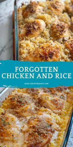 chicken and rice casserole with text overlay