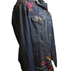 Nwot..Gorgeous Chico's Denim Jacket Features: Embroidered Detail, Sequins, Two Front Flap Chest Pockets, Button Closure, Button Cuffs, 100% Cotton..Size...1 Spring Denim Outerwear With Multicolor Embroidery, Fitted Spring Denim Jacket With Multicolor Embroidery, Spring Embroidered Dark Wash Denim Jacket, Embroidered Dark Wash Denim Jacket For Spring, Embroidered Denim Jacket For Fall, Denim Jacket With Multicolor Embroidery And Pockets, Embroidered Denim Blue Jacket For Fall, Multicolor Embroidered Denim Jacket With Pockets, Denim Blue Jacket With Floral Embroidery For Fall