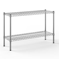 a metal shelf with two shelves on each side and one shelf below it, against a white background