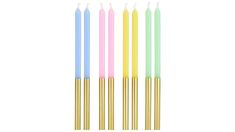 six different colored candles are lined up in a row