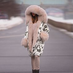 Chic pattern faux fur hood coat Oversized and chic, soft pink fur 44" from shoulder Down and puffer fill Poly blends Winter Coat Women, Big Wool, Faux Fur Hooded Coat, Winter Collars, Loose Coats, Long Sleeve Jacket, Cotton Coat, Coat Women, Sleeve Jacket