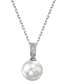 This beautiful white South Sea pearl pendant features a lustrous 9mm, AAA quality pearl. The pearl is mounted with 0.1 carats of dazzling SI-clarity diamonds on the finest quality 14K gold.
This pendant comes packaged in a beautiful jewelry gift box with an official certificate of authenticity.
If you have any questions feel free to speak to one of our pearl experts over the phone by calling 866-87-PEARL (866-877-3275). Timeless Pearl Necklace With Diamond Accents For Formal Occasions, Luxury Diamond Pearl Necklace With Pearl Charm, Luxury Pearl Necklace With Diamond Charm, Luxury Pearl Necklace With Diamond And Pearl Charm, Pearl White Pearl Necklace With Diamond Accents, Formal Fine Jewelry Pearl Necklace With Diamond Accents, Formal Pearl Necklace With Diamond Accents, Brilliant Cut Diamond Pearl Necklace, Classic Akoya Pearl Necklace With Brilliant Cut