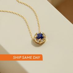 "1- P R O D U C T ∙  D E S C R I P T I O N The stone of Sapphire is a symbol of faithfulness and trust. It's one of the most romantic stones on earth which would make it a perfect gift for your partner. 2- P R O D U C T ∙  D E T A I L S Diamond Quality: * Diamond carat: 0.03 ct. * Clarity: VS2 * Color: F-G * Cut: Excellent cut * Setting type: Prong setting Sapphire carat: 0.3 ct Gold material: 14K solid gold Choice of gold color: Yellow gold, Rose gold, White gold Choice of chain length: 14\", 1 Dainty Sapphire Jewelry With Diamond Accents, Luxury Sapphire Round Necklace, Luxury Sapphire Round Necklaces, Sapphire Birthstone Jewelry For Her, Sapphire Birthstone Jewelry As Gift For Her, Blue Gemstone Jewelry For Birthday Gift, Spiritual Sapphire Birthstone Jewelry, Sapphire Pendant Jewelry With Clavicle Chain, Sapphire Round Pendant Jewelry For Anniversary