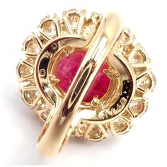 Van Cleef & Arpels 18k Yellow Gold Large Cabochon Ruby Diamond Ring, size 6 | Chairish Luxury Ruby Cabochon Diamond Ring, Luxury Yellow Gold Cabochon Diamond Ring, Luxury Dome Ring With 17 Jewels, Luxury Collectible Domed Jewelry, Luxury Domed Collectible Jewelry, Luxury Cabochon Ruby Ring For Anniversary, Luxury Cabochon Dome Ring For Wedding, Luxury Dome Ring With Cabochon For Wedding, Luxury Domed Jewelry For Weddings