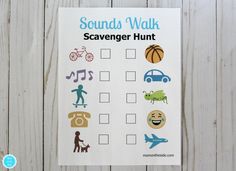 the sound walk scavenger hunt is shown on a white wooden background with blue and green stickers