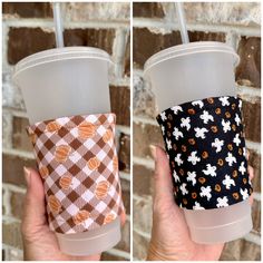 two cups with different patterns on them, one has a straw in it and the other has a cup sleeve