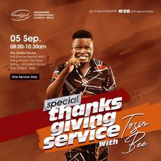 a flyer for the special thanks giving service with an image of a young man smiling