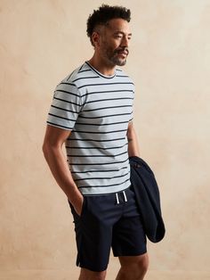 Classic with a modern refresh, our customer-favorite 100% SUPIMA® cotton tee now comes with the added dimension and softness of garment dye wash.  Breton stripes give this throwback a nautical twist.  Crew neck.  GARMENT DYED: Specially dyed for a c Hague Blue, Breton Stripes, Supima Cotton, Cotton Tee, Banana Republic, Nautical, Stripes, Dye, Twist