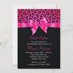 leopard print and pink ribbon sweet sixteen birthday party card with bow on the front side