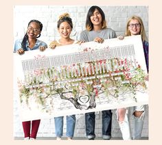 three women holding up a large poster with trees and flowers on it in front of a brick wall