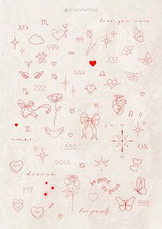 the back side of a piece of paper with hearts and symbols drawn on it in red ink