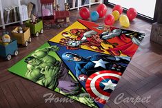 the avengers rugs are on the floor next to balloons