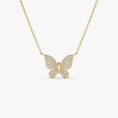 Made to Order Gold Kt: 14K (also available in 18K) Available Gold Color: Rose Gold, Yellow Gold, White Gold Length & Width: 10 x 12 MM Round Diamond: 50 Pcs 1.0 MM Diamond Carat Weight: 0.29 ctw Diamond Color-Clarity: G Color SI Clarity Luxury Yellow Gold Butterfly Necklace Dainty, Diamond Butterfly, Butterfly Pendant Necklace, Diamond Carat, Butterfly Pendant, Diamond Color, Necklace Sizes, Gold Yellow, Diamond Gemstone